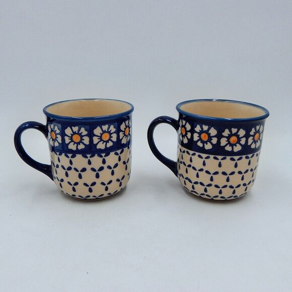 Wiza Polish Pottery Daisy Pattern Coffee Mugs Cups Boleslawiec Flower Set/2 - Picture 1 of 6